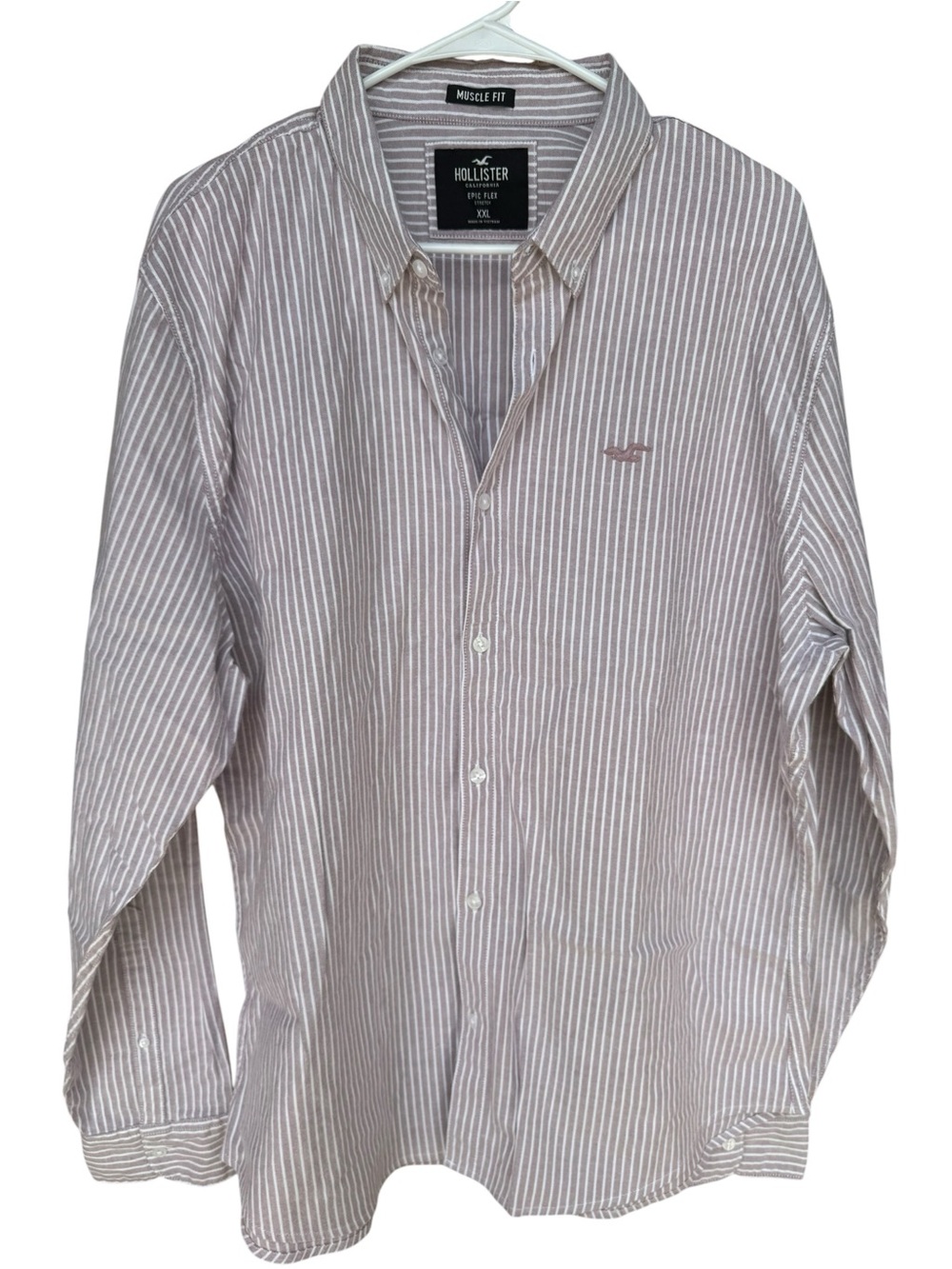 Hollister Men’s Epic Flex Muscle Fit Brown and White Striped Button-Down Shirt
